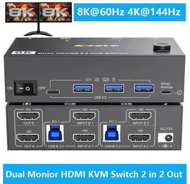 Main image of AUTYUE 8K HDMI KVM Switch 2 Monitors 2 Computers 8K@60Hz 4K@144Hz, Dual Monitor HDMI KVM Switch with 4 USB 3.0 Ports for Keyboard Mouse Printer,Wired Remote,12V Power Adapter and USB Cables Included