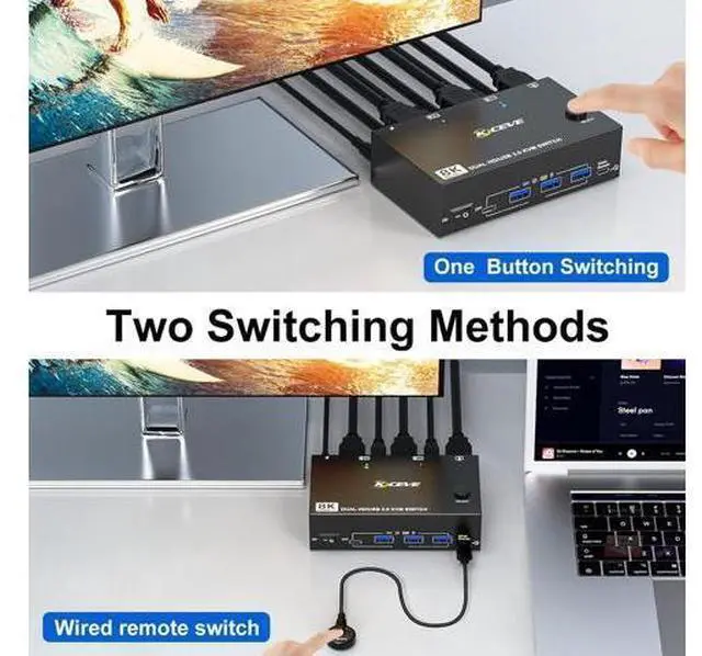 Alt view image 7 of 7 - AUTYUE 8K HDMI KVM Switch 2 Monitors 2 Computers 8K@60Hz 4K@144Hz, Dual Monitor HDMI KVM Switch with 4 USB 3.0 Ports for Keyboard Mouse Printer,Wired Remote,12V Power Adapter and USB Cables Included