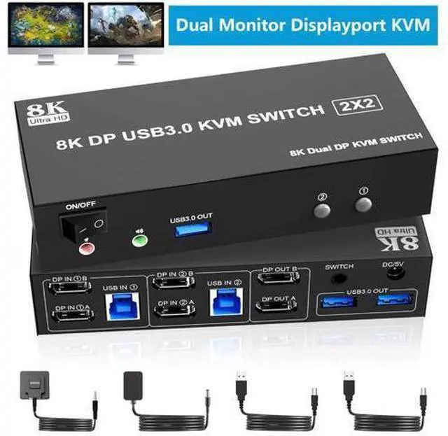 Main image of AUTYUE 8K@60Hz USB 3.0 Displayport KVM Switch 2 Monitors 2 Computers, DP 1.4 Dual Monitor KVM Switch with 3*USB 3.0 USB Port, Audio and Microphone Ports, Included Wired Remote, 2*USB 3.0 Cables