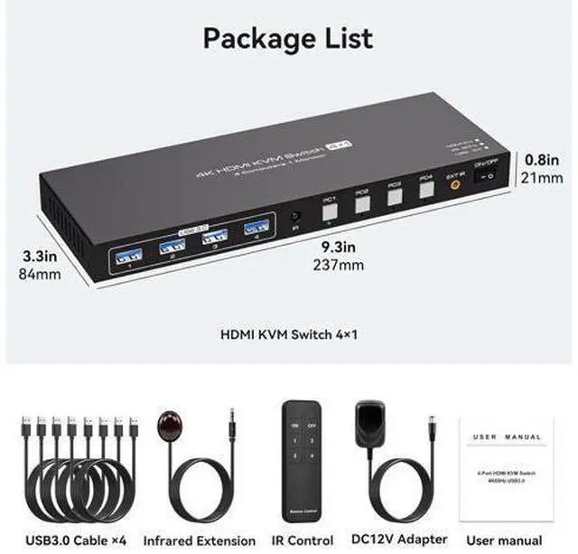 Alt view image 7 of 7 - HDMI KVM Switch for 4 Computers 1 Monitor 4K@60Hz 2K@120Hz, 4 Port HDMI KVM Switches For 4 PCs Share 4 USB Devices Like Keyboard Mouse Printer etc. With Remote Controller & USB Cables, Power Adapter
