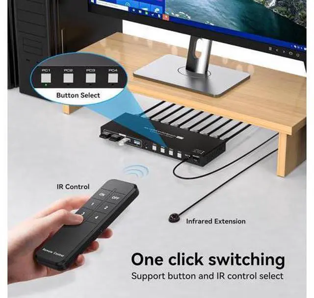 Alt view image 6 of 7 - HDMI KVM Switch for 4 Computers 1 Monitor 4K@60Hz 2K@120Hz, 4 Port HDMI KVM Switches For 4 PCs Share 4 USB Devices Like Keyboard Mouse Printer etc. With Remote Controller & USB Cables, Power Adapter