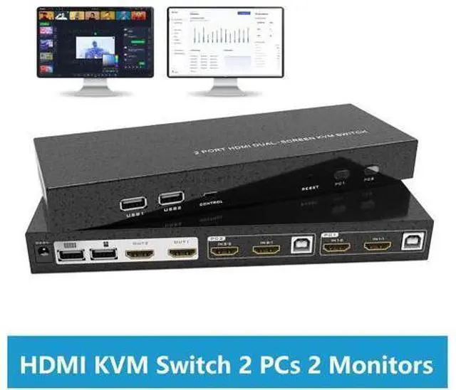 Main image of 2 Port HDMI KVM Switch 2 Monitors 2 Computers, 4K@60Hz Dual Monitor HDMI KVM Switch 2 in 2 Out for 2 Computers Share 2 Monitors 4 USB 2.0 Hub, Hotkey Buttons, EDID (HDMI & USB Cables Included)