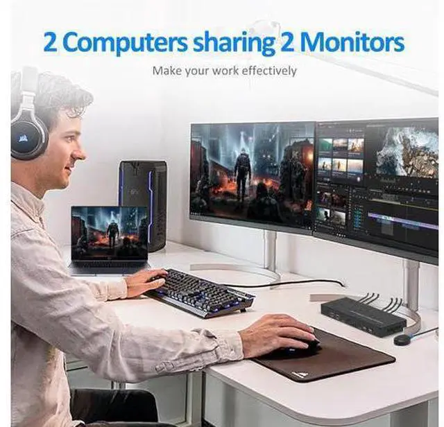 Alt view image 5 of 7 - 2 Port HDMI KVM Switch 2 Monitors 2 Computers, 4K@60Hz Dual Monitor HDMI KVM Switch 2 in 2 Out for 2 Computers Share 2 Monitors 4 USB 2.0 Hub, Hotkey Buttons, EDID (HDMI & USB Cables Included)