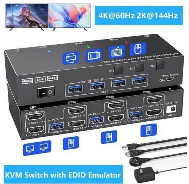 Main image of AUTYUE HDMI KVM Switch 3 Computers 2 Monitors, 4K@60Hz Dual Monitor HDMI USB 3.0 KVM Switcher with EDID Emulator, Support Copy and Extended Display, for 3 PCs Share 2 Displays and 4 USB Devices