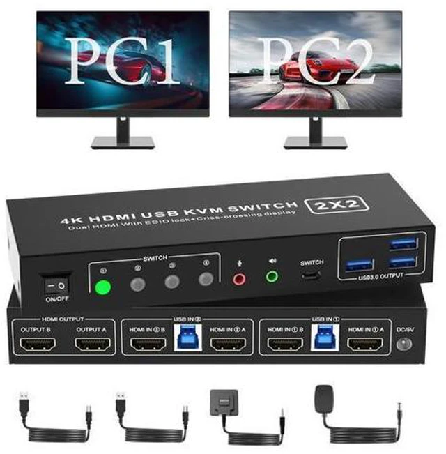 Main image of AUTYUE Dual Monitor HDMI KVM Switch 4K60Hz EDID Emulator, KVM Switcher for 2 Computers 2 Monitors with Audio Output and 3 USB 3.0 Ports, Dual Monitor Support Cross Display, Copy and Extended Display