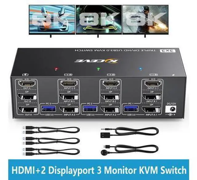 Main image of KVM Switch 3 Monitors 3 Computers 8K@60Hz 4K@144Hz, HDMI+2 Displayport Triple Monitor KVM Switch for 3 Computer Share 3 Monitor and 4 USB3.0 Devices, Wired Remote and 12V power Adapter Included