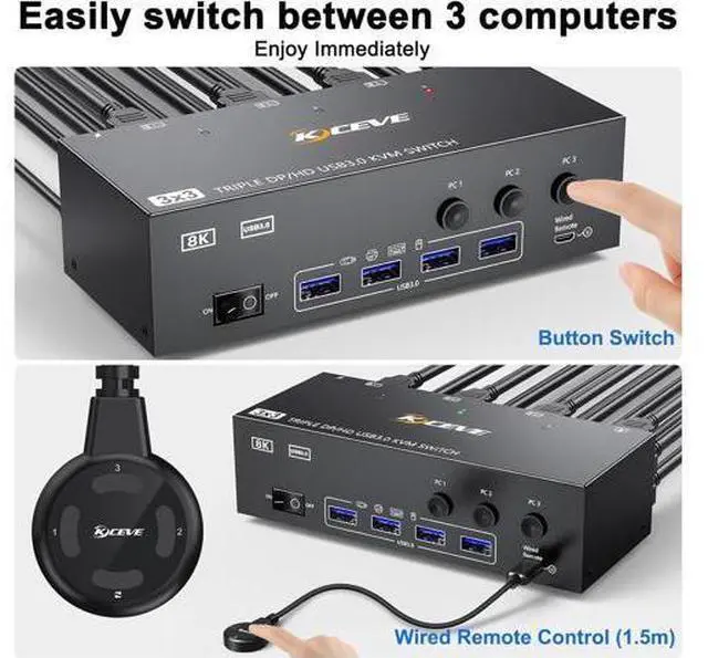 Alt view image 6 of 7 - KVM Switch 3 Monitors 3 Computers 8K@60Hz 4K@144Hz, HDMI+2 Displayport Triple Monitor KVM Switch for 3 Computer Share 3 Monitor and 4 USB3.0 Devices, Wired Remote and 12V power Adapter Included