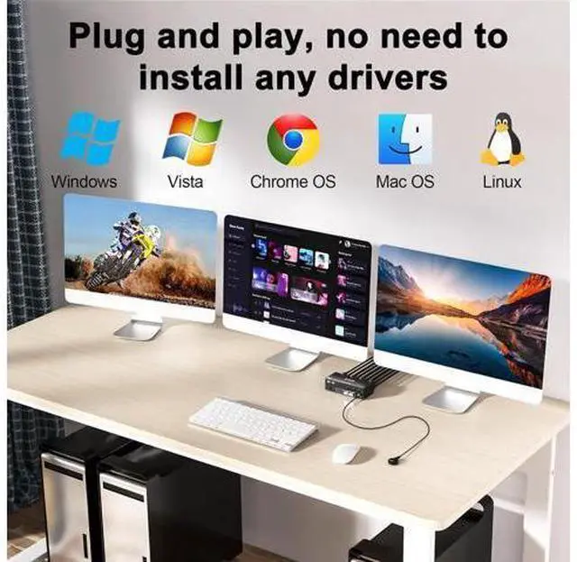 Alt view image 7 of 7 - KVM Switch 3 Monitors 3 Computers 8K@60Hz 4K@144Hz, HDMI+2 Displayport Triple Monitor KVM Switch for 3 Computer Share 3 Monitor and 4 USB3.0 Devices, Wired Remote and 12V power Adapter Included