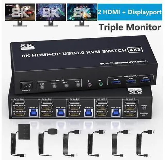 Main image of KVM Switch 3 Monitors 4 Computers 8K@60Hz 4K@144Hz, 2 HDMI +1 DisplayPort Triple Monitor KVM Switch for 4 Computer with Audio and 3 USB 3.0 Ports, USB 3.0 KVM Triple Monitor Keyboard Mouse Switcher
