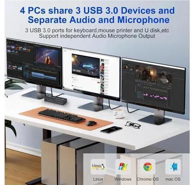 Alt view image 7 of 7 - KVM Switch 3 Monitors 4 Computers 8K@60Hz 4K@144Hz, 2 HDMI +1 DisplayPort Triple Monitor KVM Switch for 4 Computer with Audio and 3 USB 3.0 Ports, USB 3.0 KVM Triple Monitor Keyboard Mouse Switcher
