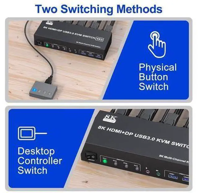 Alt view image 6 of 7 - KVM Switch 3 Monitors 4 Computers 8K@60Hz 4K@144Hz, 2 HDMI +1 DisplayPort Triple Monitor KVM Switch for 4 Computer with Audio and 3 USB 3.0 Ports, USB 3.0 KVM Triple Monitor Keyboard Mouse Switcher