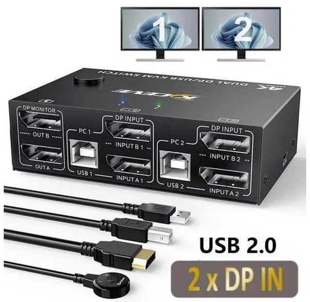 Main image of Displayport KVM Switch Dual Monitor, DisplayPort 1.4 USB KVM 8K@30Hz 2 in 2 Out,DP Extended Display KVM Switch for 2 Computers Share 2 Monitors and 4x USB 2.0 Ports, with Wired Remote and 4 Cables