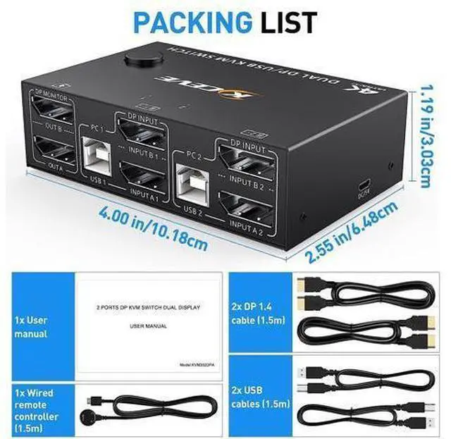 Alt view image 7 of 7 - Displayport KVM Switch Dual Monitor, DisplayPort 1.4 USB KVM 8K@30Hz 2 in 2 Out,DP Extended Display KVM Switch for 2 Computers Share 2 Monitors and 4x USB 2.0 Ports, with Wired Remote and 4 Cables