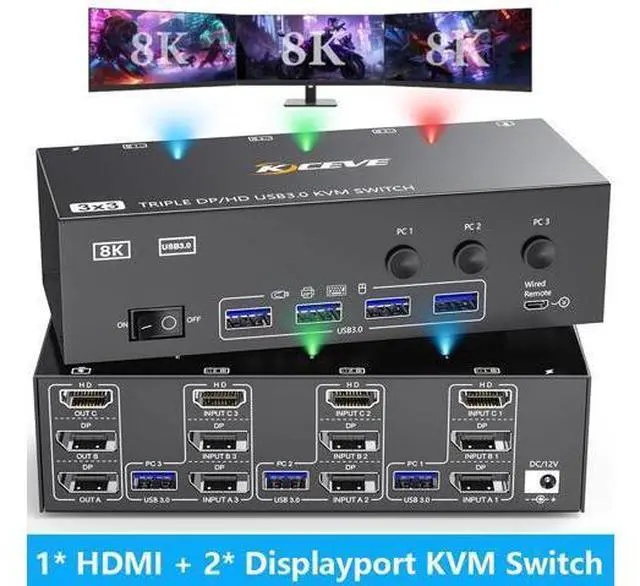 Main image of AUTYUE KVM Switch 3 Monitors 3 Computers, 8K@60Hz 4K@144Hz Triple Monitor HDMI + 2 DP KVM Switch, 1 HDMI + 2 Displayport KVM Switch with 4 USB 3.0 Ports, 3 Monitor KVM with Power Adapter, Wired Remote