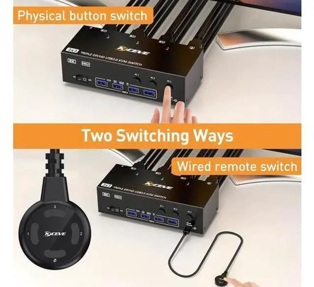 Alt view image 5 of 7 - AUTYUE KVM Switch 3 Monitors 3 Computers, 8K@60Hz 4K@144Hz Triple Monitor HDMI + 2 DP KVM Switch, 1 HDMI + 2 Displayport KVM Switch with 4 USB 3.0 Ports, 3 Monitor KVM with Power Adapter, Wired Remote