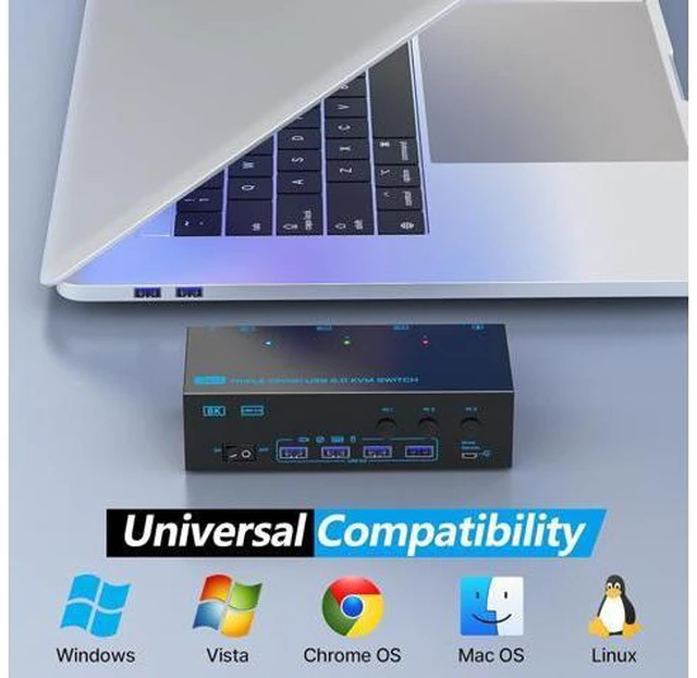 Alt view image 7 of 7 - AUTYUE KVM Switch 3 Monitors 3 Computers, 8K@60Hz 4K@144Hz Triple Monitor HDMI + 2 DP KVM Switch, 1 HDMI + 2 Displayport KVM Switch with 4 USB 3.0 Ports, 3 Monitor KVM with Power Adapter, Wired Remote