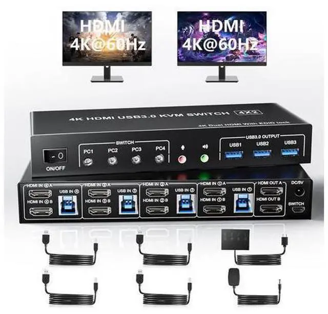 Main image of AUTYUE USB 3.0 HDMI KVM Switch 4 Computers, Supports EDID, 4K@60Hz Dual Monitor HDMI KVM Switches for 4 PCs with 3 USB 3.0 and Audio Microphone Ports, 4 Port HDMI KVM Switch 4 in 2 Out for 4PCs