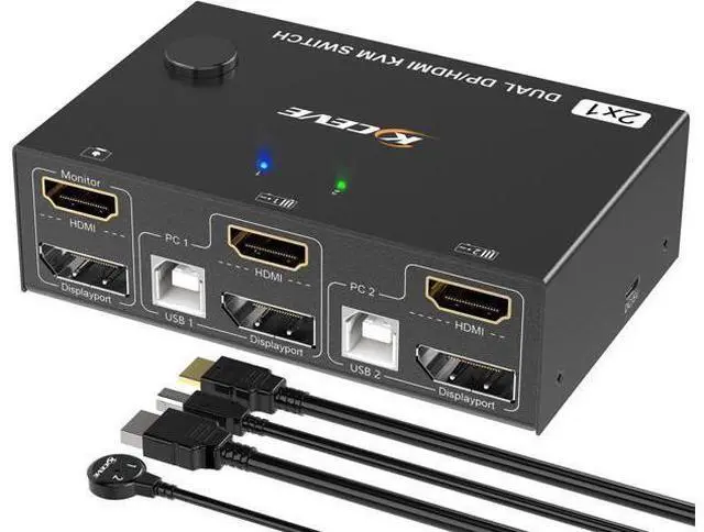 Main image of Dual Monitor KVM Switch HDMI and DP 2 Port 4K @60Hz, Extended Display Switcher for 2 Computers Share 2 Monitors (1 Displayport and 1 HDMI) with 4 USB 2.0 Hub, Desktop Controller and USB HDMI DP Cables