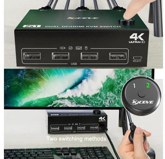 Alt view image 3 of 7 - Dual Monitor KVM Switch HDMI and DP 2 Port 4K @60Hz, Extended Display Switcher for 2 Computers Share 2 Monitors (1 Displayport and 1 HDMI) with 4 USB 2.0 Hub, Desktop Controller and USB HDMI DP Cables