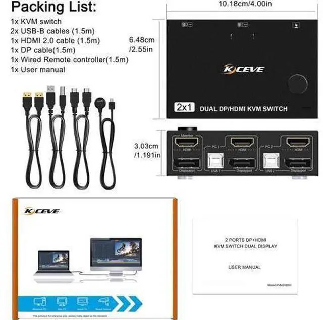 Alt view image 7 of 7 - Dual Monitor KVM Switch HDMI and DP 2 Port 4K @60Hz, Extended Display Switcher for 2 Computers Share 2 Monitors (1 Displayport and 1 HDMI) with 4 USB 2.0 Hub, Desktop Controller and USB HDMI DP Cables