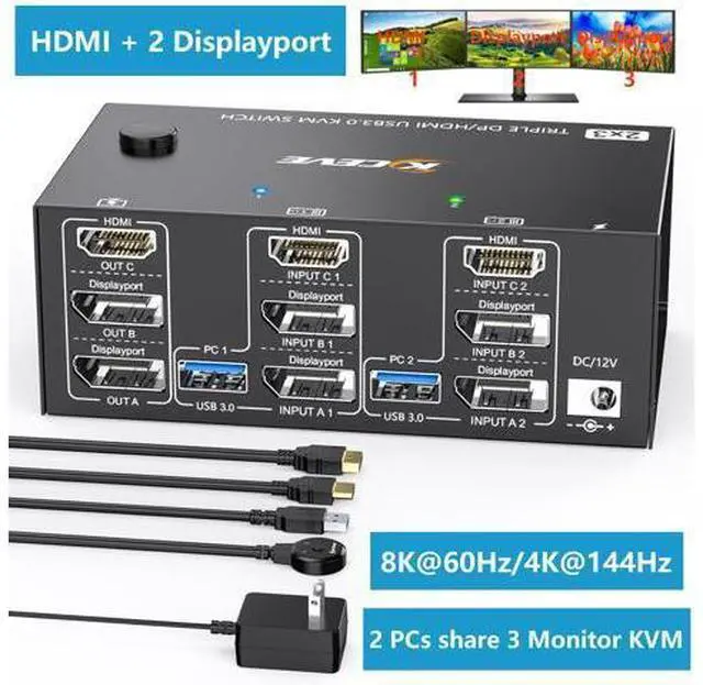 Alt view image 2 of 7 - 2 Displayport + HDMI Triple Monitor USB 3.0 KVM Switch 3 Monitors 2 Computers, 8K@60Hz, 4K@144Hz Triple KVM Switch with 4 USB 3.0 Ports, KVM Triple Monitor Keyboard Mouse Switcher,Included KVM Cables