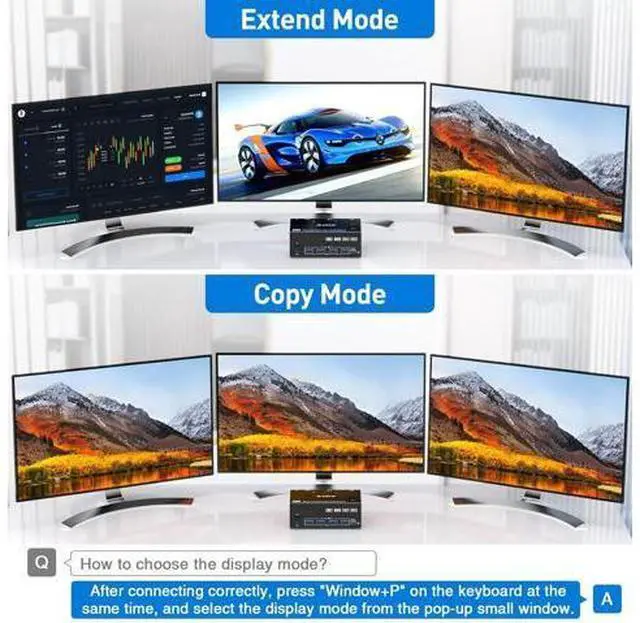 Alt view image 5 of 7 - 2 Displayport + HDMI Triple Monitor USB 3.0 KVM Switch 3 Monitors 2 Computers, 8K@60Hz, 4K@144Hz Triple KVM Switch with 4 USB 3.0 Ports, KVM Triple Monitor Keyboard Mouse Switcher,Included KVM Cables