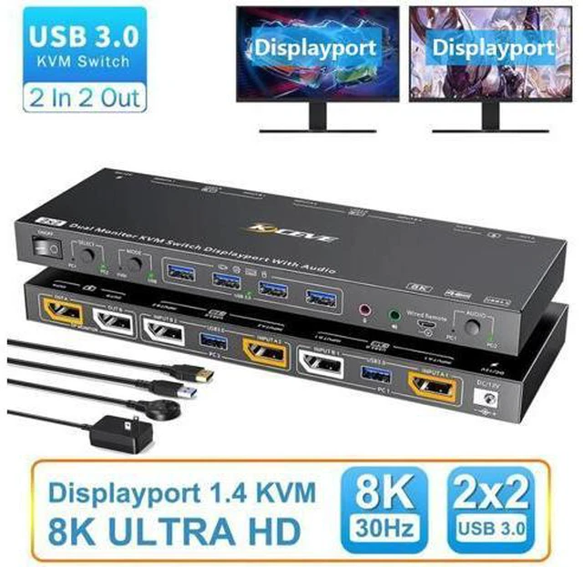 Main image of AUTYUE Voice Controlled Dual Monitor Displayport KVM Switch 2 Monitors 2 Computers 8K@30Hz 4K@144Hz, USB 3.0 DP KVM Switch 2 in 2 Out with Audio and 4 USB 3.0 Port, Support KVM Mode and USB Mode