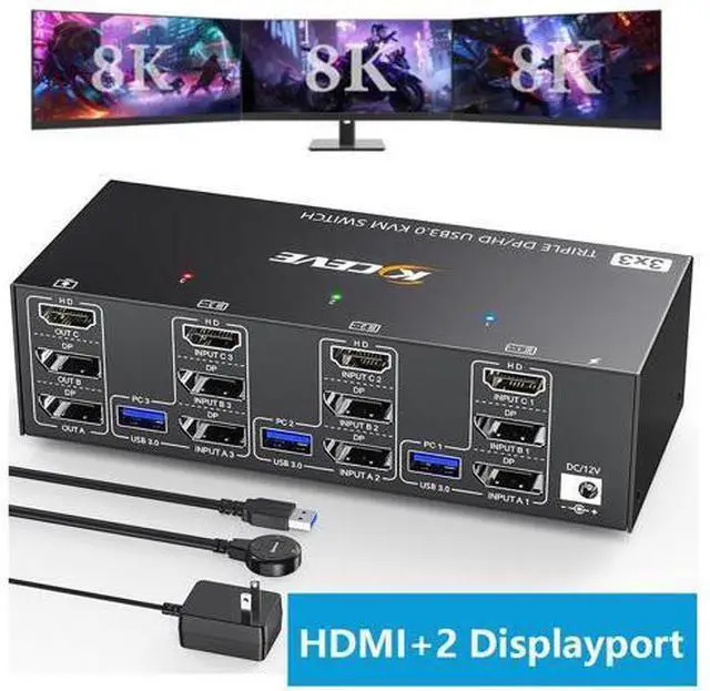 Main image of AUTYUE Triple Monitor KVM Switch 8K@60Hz, HDMI + 2*Displayport KVM Switch 3 Monitors 3 Computers, KVM Switches with 4 USB 3.0 Port for Keyboard Mouse Printer, Wired Remote and Power Adapter Included