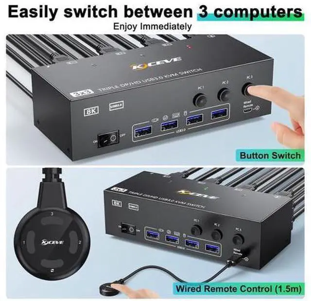 Alt view image 6 of 7 - AUTYUE Triple Monitor KVM Switch 8K@60Hz, HDMI + 2*Displayport KVM Switch 3 Monitors 3 Computers, KVM Switches with 4 USB 3.0 Port for Keyboard Mouse Printer, Wired Remote and Power Adapter Included