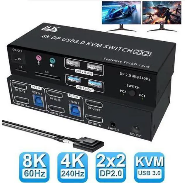 Main image of AUTYUE 4K@240Hz Dual Monitor DP 2.0 KVM Switch, 8K@60Hz USB 3.0 Displayport KVM Switch 2 in 2 out, Displayport KVM Switch 2 Monitors 2 PCs, with Audio Microphone Output and 4 USB Ports & SD/TF Solts