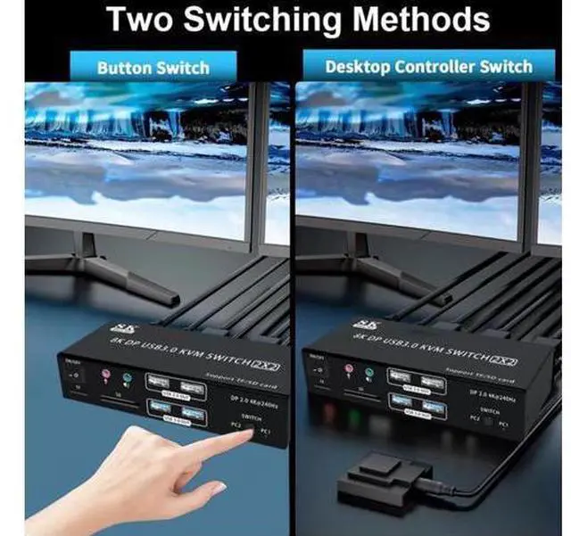 Alt view image 6 of 7 - AUTYUE 4K@240Hz Dual Monitor DP 2.0 KVM Switch, 8K@60Hz USB 3.0 Displayport KVM Switch 2 in 2 out, Displayport KVM Switch 2 Monitors 2 PCs, with Audio Microphone Output and 4 USB Ports & SD/TF Solts