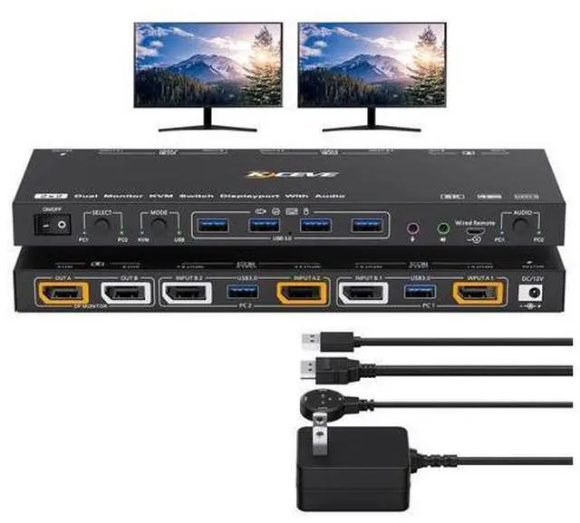 Main image of AUTYUE DP KVM Switch 2 Monitors 2 Computers Displayport with Audio, 8K@30Hz 4K@144Hz USB 3.0 Dual Monitor Displayport KVM Switch, KVM/USB Mode Share 4 USB Devices, with Wired Control and Power Adapter