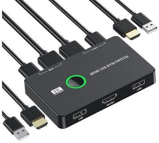 Main image of 2 Port HDMI KVM Switch 2 in 1 Out, USB KVM Switch for 2 Computers Sharing One HD Monitor and Keyboard Mouse, Support 4K @60Hz with 2 USB Cable and 2 HD-MI Cable