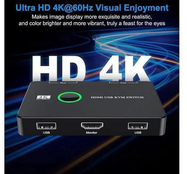 Alt view image 4 of 7 - 2 Port HDMI KVM Switch 2 in 1 Out, USB KVM Switch for 2 Computers Sharing One HD Monitor and Keyboard Mouse, Support 4K @60Hz with 2 USB Cable and 2 HD-MI Cable