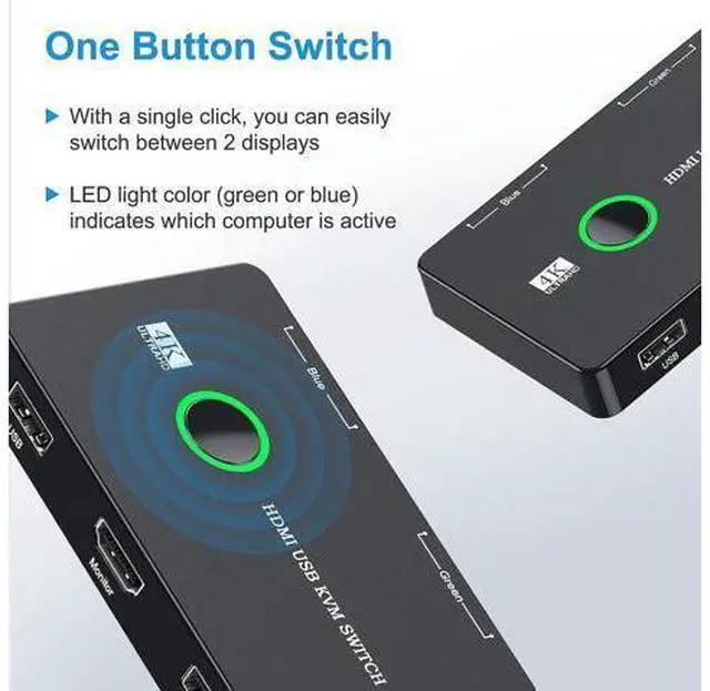 Alt view image 5 of 7 - 2 Port HDMI KVM Switch 2 in 1 Out, USB KVM Switch for 2 Computers Sharing One HD Monitor and Keyboard Mouse, Support 4K @60Hz with 2 USB Cable and 2 HD-MI Cable
