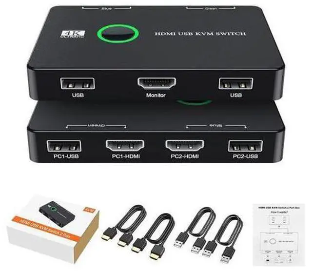 Alt view image 7 of 7 - 2 Port HDMI KVM Switch 2 in 1 Out, USB KVM Switch for 2 Computers Sharing One HD Monitor and Keyboard Mouse, Support 4K @60Hz with 2 USB Cable and 2 HD-MI Cable