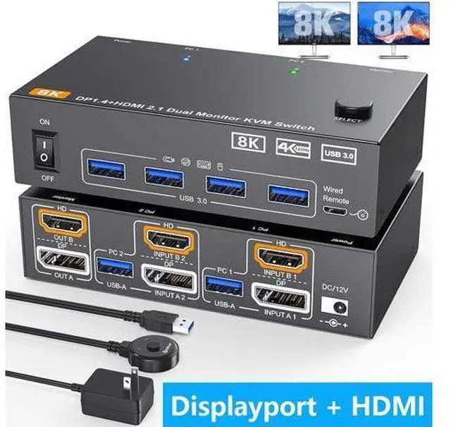 Main image of AUTYUE Dual Monitor Displayport + HDMI KVM Switch 2 in 2 Out, 2 Port 8K@60Hz 4K@144Hz HDMI+DP USB 3.0 KVM Switch Extended Display 2 Monitors 2 Computers with USB 3.0 Cables Wired Controller