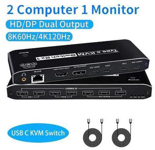 Main image of AUTYUE Type-C KVM Switch 8K@60Hz, USB C KVM Switches for 2 Laptops Share 1 HDMI or 1 DP Out Single Monitor and Keyboard Mouse + AUX Audio Out with RJ45 Ethernet Port, PD 100W Charge for 2 Laptops