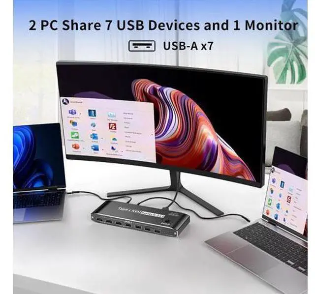 Alt view image 2 of 7 - AUTYUE Type-C KVM Switch 8K@60Hz, USB C KVM Switches for 2 Laptops Share 1 HDMI or 1 DP Out Single Monitor and Keyboard Mouse + AUX Audio Out with RJ45 Ethernet Port, PD 100W Charge for 2 Laptops