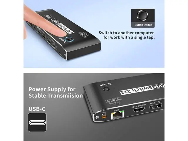 Alt view image 5 of 7 - AUTYUE Type-C KVM Switch 8K@60Hz, USB C KVM Switches for 2 Laptops Share 1 HDMI or 1 DP Out Single Monitor and Keyboard Mouse + AUX Audio Out with RJ45 Ethernet Port, PD 100W Charge for 2 Laptops