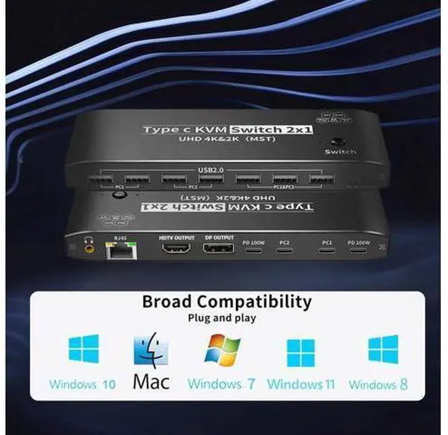 Alt view image 6 of 7 - AUTYUE Type-C KVM Switch 8K@60Hz, USB C KVM Switches for 2 Laptops Share 1 HDMI or 1 DP Out Single Monitor and Keyboard Mouse + AUX Audio Out with RJ45 Ethernet Port, PD 100W Charge for 2 Laptops