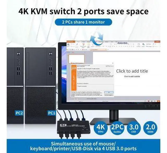 Alt view image 3 of 7 - AUTYUE 2 Port HDMI KVM Switch 2 in 1 Out, 4 port - USB 3.0 HDMI KVM Switches 4K@60Hz for 2 Computers Share 1 Monitor, Keyboard Mouse USB Devices - Including 2 USB 3.0 cables