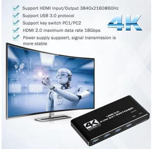 Alt view image 5 of 7 - AUTYUE 2 Port HDMI KVM Switch 2 in 1 Out, 4 port - USB 3.0 HDMI KVM Switches 4K@60Hz for 2 Computers Share 1 Monitor, Keyboard Mouse USB Devices - Including 2 USB 3.0 cables