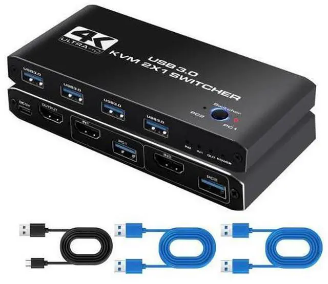 Main image of AUTYUE 2 Port HDMI KVM Switch 2 in 1 Out, 4 port - USB 3.0 HDMI KVM Switches 4K@60Hz for 2 Computers Share 1 Monitor, Keyboard Mouse USB Devices - Including 2 USB 3.0 cables