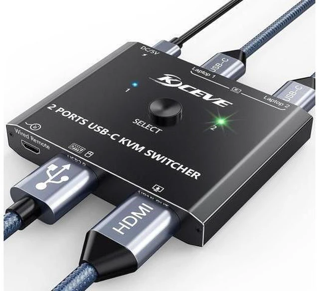 Main image of USB C KVM Switch 4K@60Hz, USB C Switch for 2 Computers Share HDMI Display and Keyboard Mouse, Type C KVM Switch Compatible with Windows and MacOS, Wired Remote and Power Cable Included