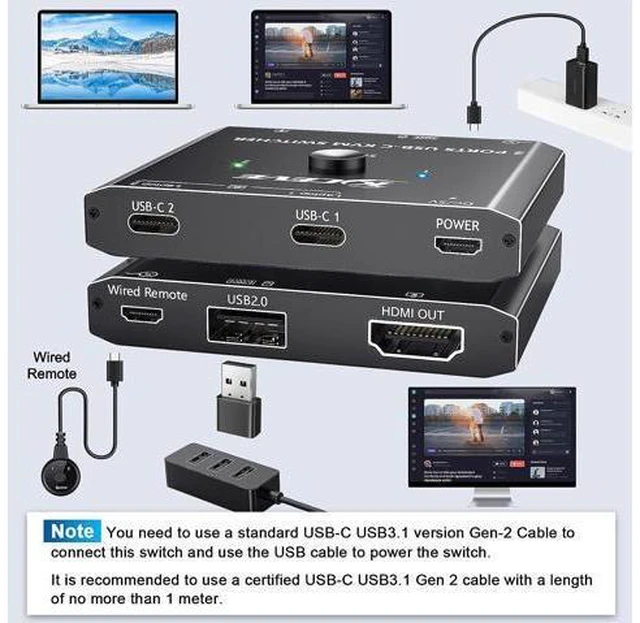 Alt view image 3 of 7 - USB C KVM Switch 4K@60Hz, USB C Switch for 2 Computers Share HDMI Display and Keyboard Mouse, Type C KVM Switch Compatible with Windows and MacOS, Wired Remote and Power Cable Included