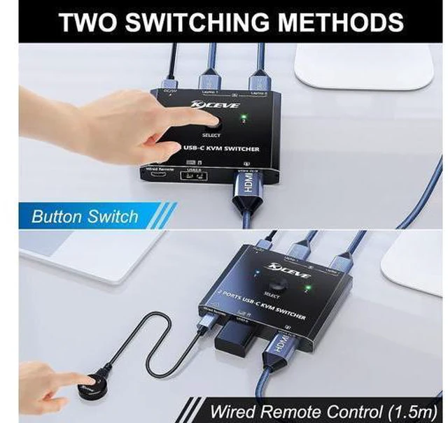 Alt view image 4 of 7 - USB C KVM Switch 4K@60Hz, USB C Switch for 2 Computers Share HDMI Display and Keyboard Mouse, Type C KVM Switch Compatible with Windows and MacOS, Wired Remote and Power Cable Included