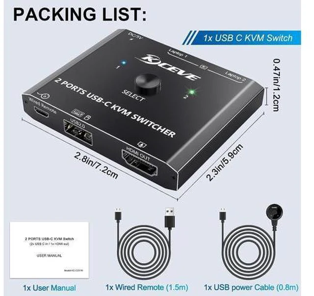 Alt view image 7 of 7 - USB C KVM Switch 4K@60Hz, USB C Switch for 2 Computers Share HDMI Display and Keyboard Mouse, Type C KVM Switch Compatible with Windows and MacOS, Wired Remote and Power Cable Included