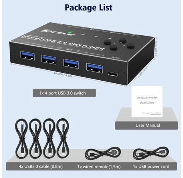 Alt view image 7 of 7 - 4 in 4 Out USB 3.0 Switch 4 Computers, 4 Port USB Switch Selector Sharing 4 USB Devices, mouse, keyboard, scanner, printer, PC Compatible with Mac/Windows/Linux. With wired remote and 4 USB 3.0 Cable