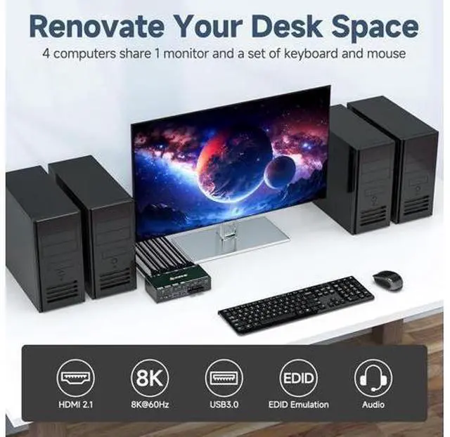 Alt view image 2 of 7 - AUTYUE 8K@60Hz KVM Switch HDMI 4 Port, 4 PC 1 Monitor HDMI KVM Switch 4 in 1 Out, EDID Simulation, For 4 Computers Share 1 Monitor and 4 USB 3.0 Port, with Wired Remote, Power Adapter & USB 3.0 Cable